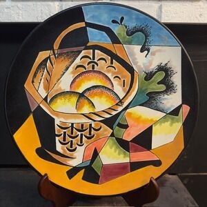 Cramar Spain Hand Painted 12" Ceramic Plate Decorative Fruit Basket Cubist Style